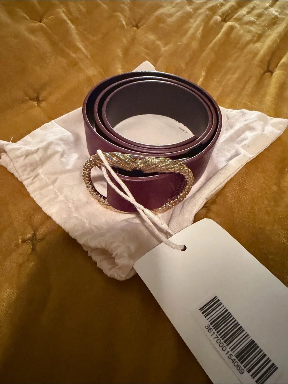 Sezane Plum metallic Leather Belt with Twisted Gold Oval Buckle